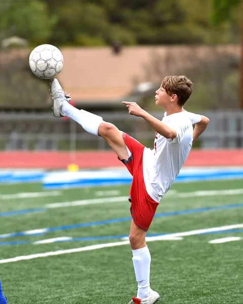 Athletic Boy Making Amazing Plays Soccer Game — Stock Photo, Image