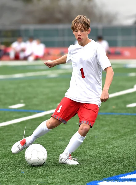 Athletic Boy Making Amazing Plays Soccer Game — Stock Photo, Image