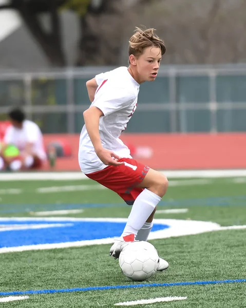 Athletic Boy Making Amazing Plays Soccer Game — Stock Photo, Image