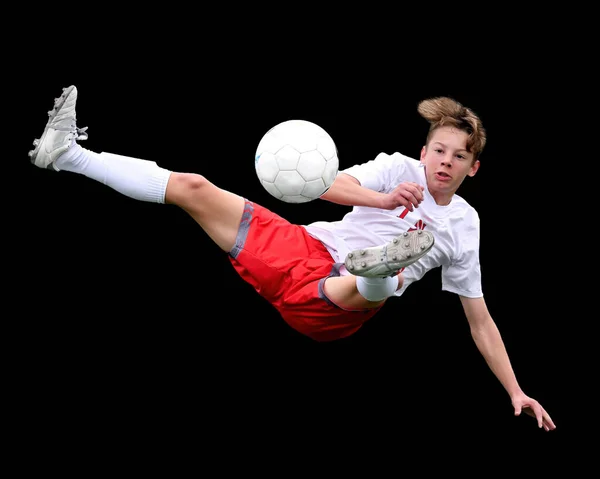 Athletischer Junge Macht Erstaunliche Spiele Während Eines Fußballspiels — Stockfoto