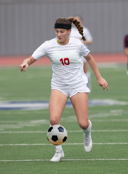 Young Attractive Athletic Girl Playing Soccer Game — Stock Photo, Image