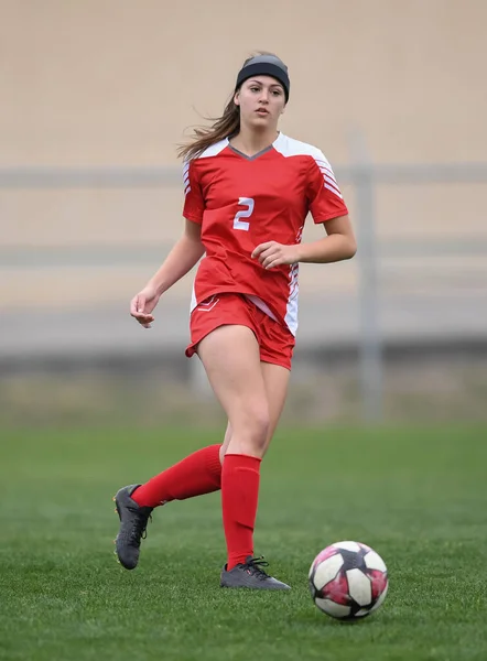 Young Attractive Athletic Girl Playing Soccer Game — Stock Photo, Image