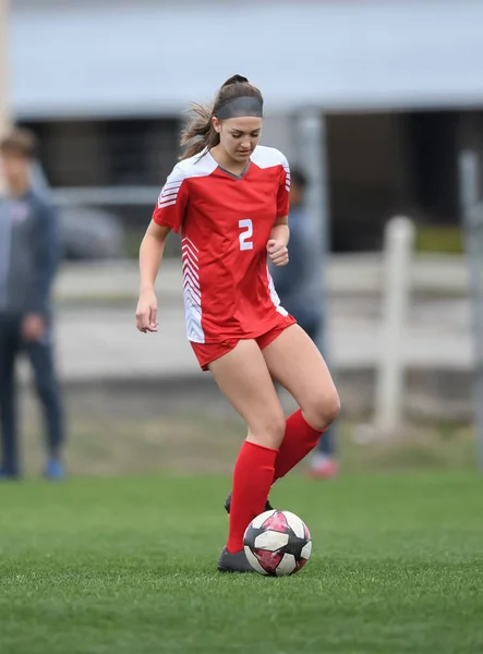 Young Attractive Athletic Girl Playing Soccer Game — Stock Photo, Image