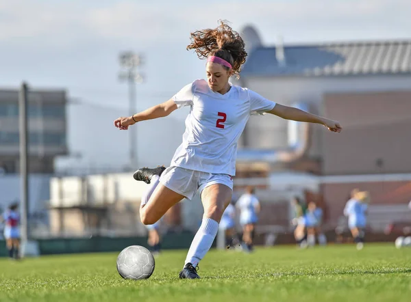 Young Attractive Athletic Girl Playing Soccer Game — Stock Photo, Image