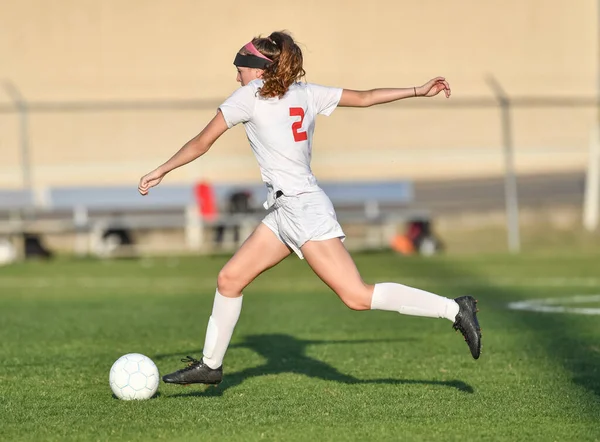 Young Attractive Athletic Girl Playing Soccer Game — Stock Photo, Image