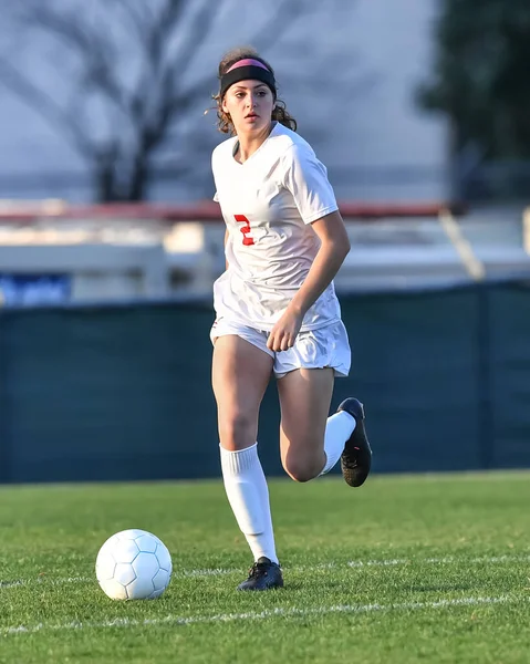 Young Attractive Athletic Girl Playing Soccer Game — Stock Photo, Image