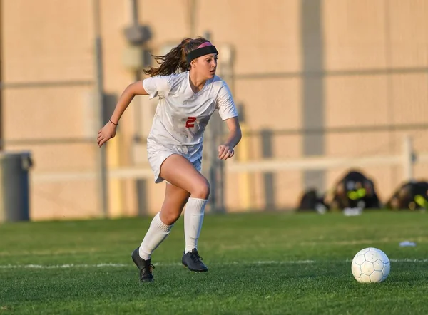 Young Attractive Athletic Girl Playing Soccer Game — Stock Photo, Image