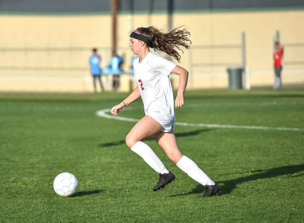 Young Attractive Athletic Girl Playing Soccer Game — Stock Photo, Image