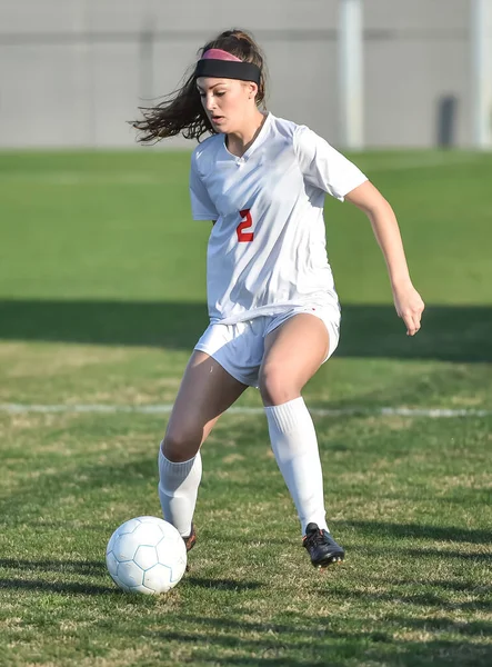 Young Attractive Athletic Girl Playing Soccer Game — Stock Photo, Image