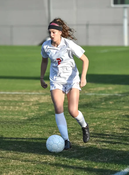 Young Attractive Athletic Girl Playing Soccer Game — Stock Photo, Image