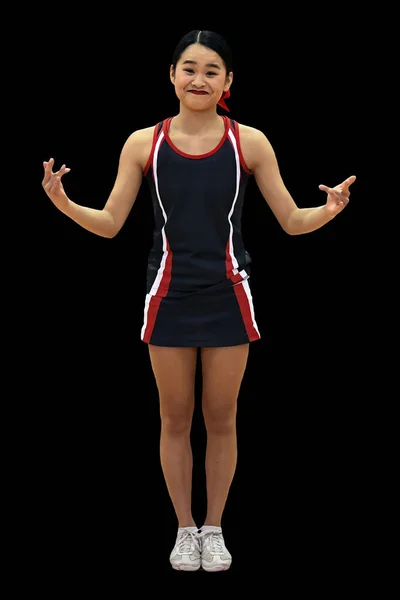 Cute Asian American Cheerleader Performing High School Football Game — Stock Photo, Image