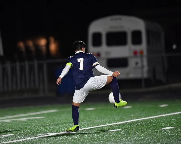 Athletic Boy Making Amazing Plays Soccer Game Intense Soccer Competition — Stock Photo, Image