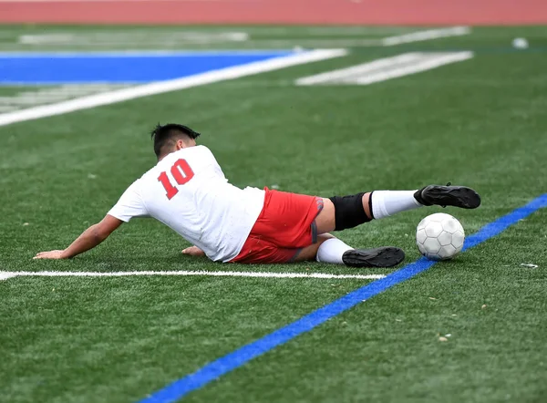 Athletic Boy Making Amazing Plays Soccer Game Intense Soccer Competition — Stock Photo, Image