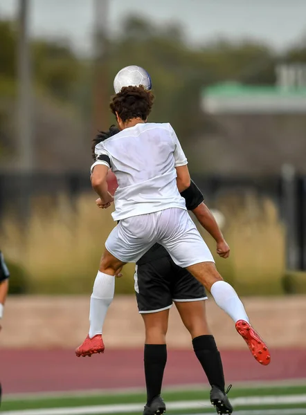 Athletic Boy Making Amazing Plays Soccer Game Intense Soccer Competition — Stock Photo, Image