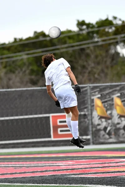 Athletic Boy Making Amazing Plays Soccer Game Intense Soccer Competition — Stock Photo, Image