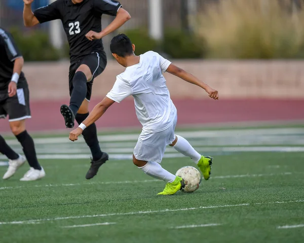 Athletic Boy Making Amazing Plays Soccer Game Intense Soccer Competition — Stock Photo, Image