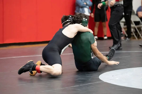 Athletic male wrestlers competing at a wrestling meet.