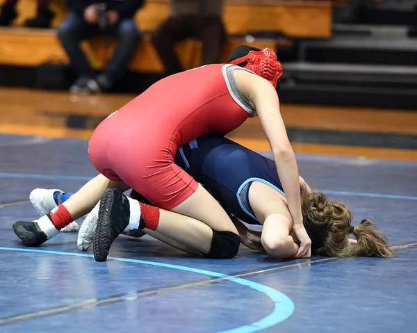 Athletic male wrestlers competing at a wrestling meet.