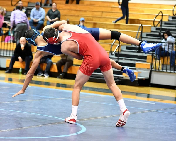 Athletic male wrestlers competing at a wrestling meet.