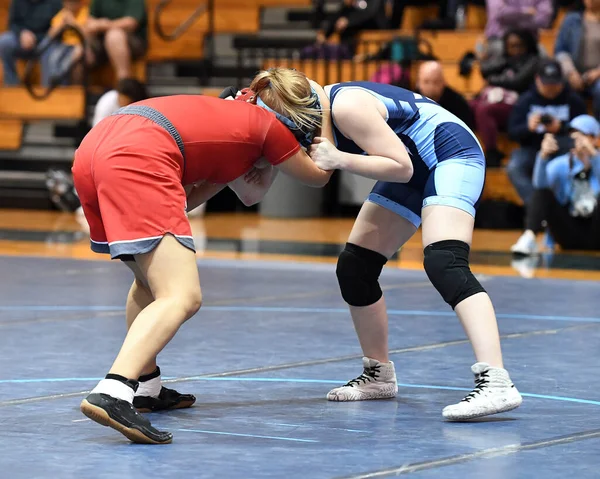 Athletic female wrestlers competing at a wrestling meet.