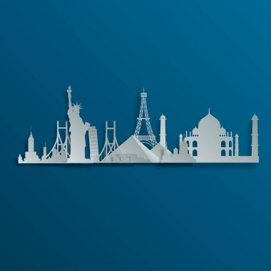 Vektör, turistik yerler, dünya tarzı, kağıt kesimi. Yolculuk. Turizm. Küredeki simgeler. Konsept web sitesi şablonu. Vektör çizimi. Modern düz tasarım.