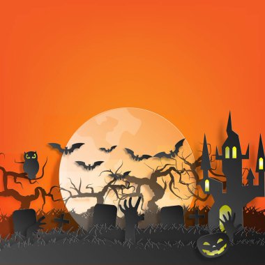 Vektör kağıdı arka planda kesilmiş. Cadılar Bayramı 'nda dekorasyonlu şenlik ateşi resimleri. Cadılar Bayramı için grafiksel tasarım. Cadılar Bayramı 'nda kutlama kartı.. 