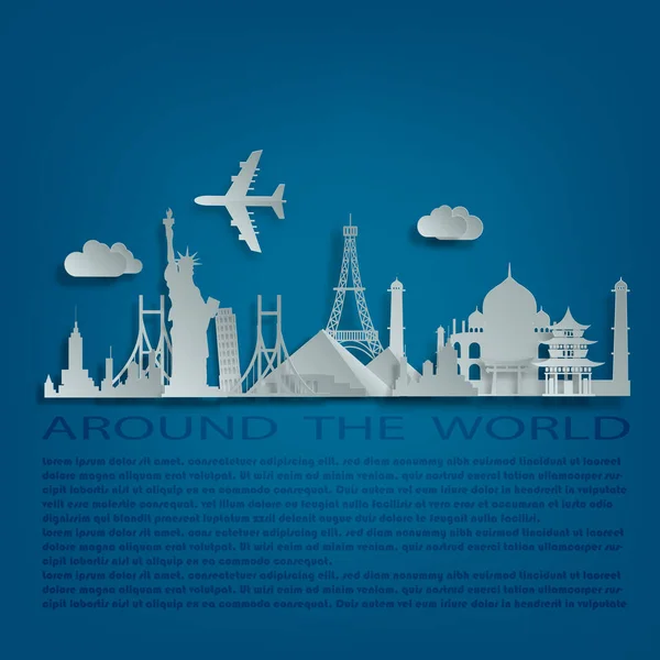 Vektör, turistik yerler, dünya tarzı, kağıt kesimi. Yolculuk. Turizm. Küredeki simgeler. Konsept web sitesi şablonu. Vektör çizimi. Modern düz tasarım.