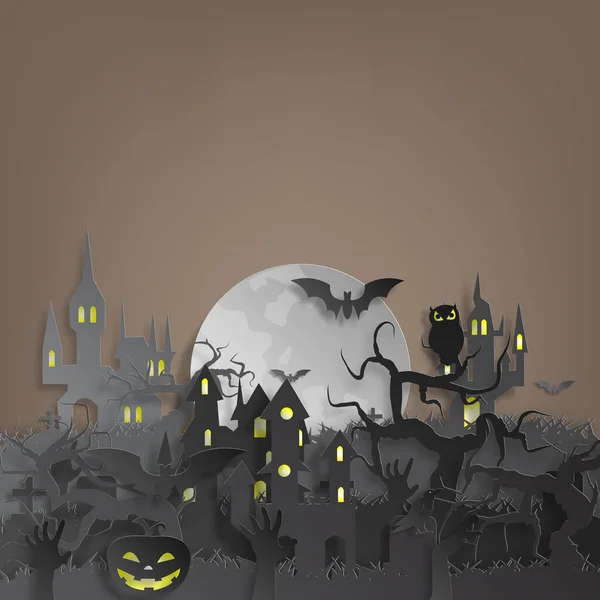 Fondo Corte Papel Vectorial Ilustración Arte Hoguera Con Decoraciones Halloween — Vector de stock