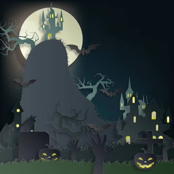 Fondo Corte Papel Vectorial Ilustración Arte Hoguera Con Decoraciones Halloween — Archivo Imágenes Vectoriales