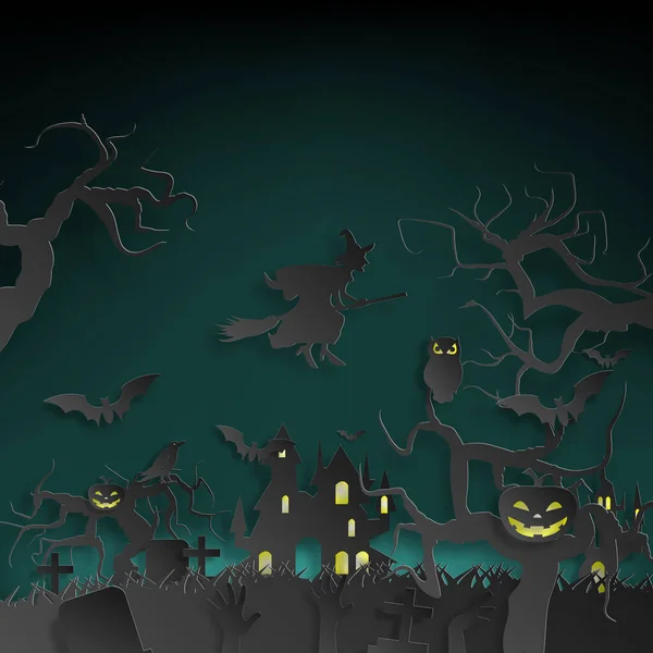 Fondo Corte Papel Vectorial Ilustración Arte Hoguera Con Decoraciones Halloween — Archivo Imágenes Vectoriales