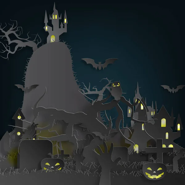 Fondo Corte Papel Vectorial Ilustración Arte Hoguera Con Decoraciones Halloween — Archivo Imágenes Vectoriales