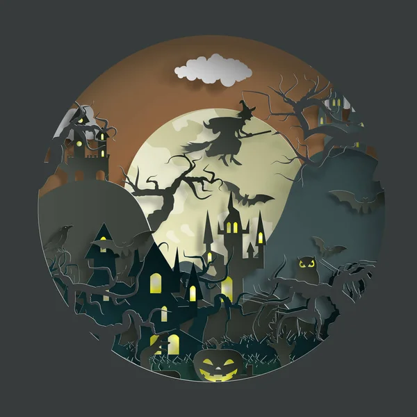 Vektor Papierschnitt Hintergrund Illustration Von Lagerfeuerkunst Mit Dekorationen Halloween Grafikdesign — Stockvektor