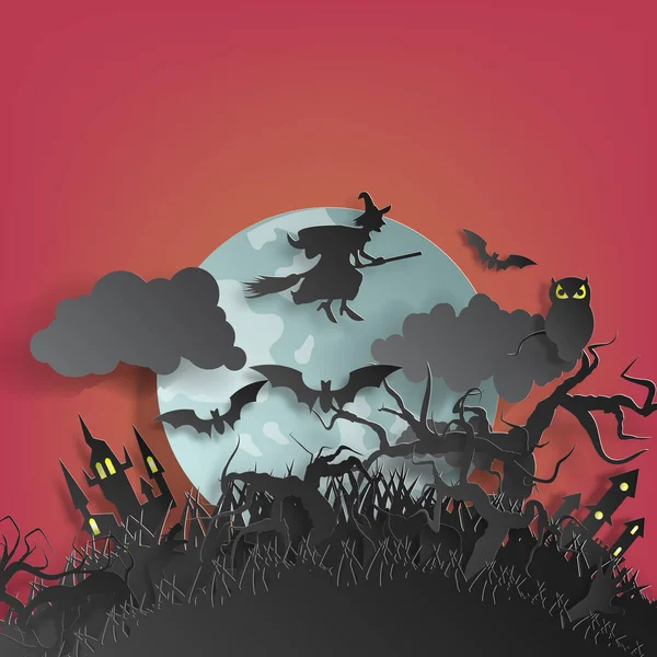 Fondo Corte Papel Vectorial Ilustración Arte Hoguera Con Decoraciones Halloween — Archivo Imágenes Vectoriales