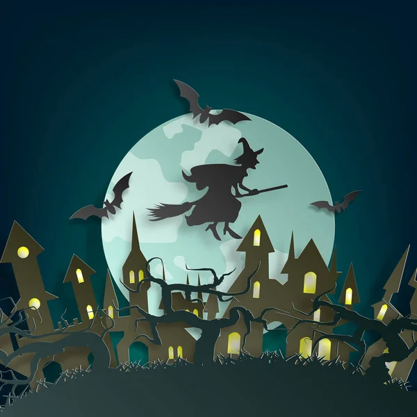 Fondo Corte Papel Vectorial Ilustración Arte Hoguera Con Decoraciones Halloween — Archivo Imágenes Vectoriales