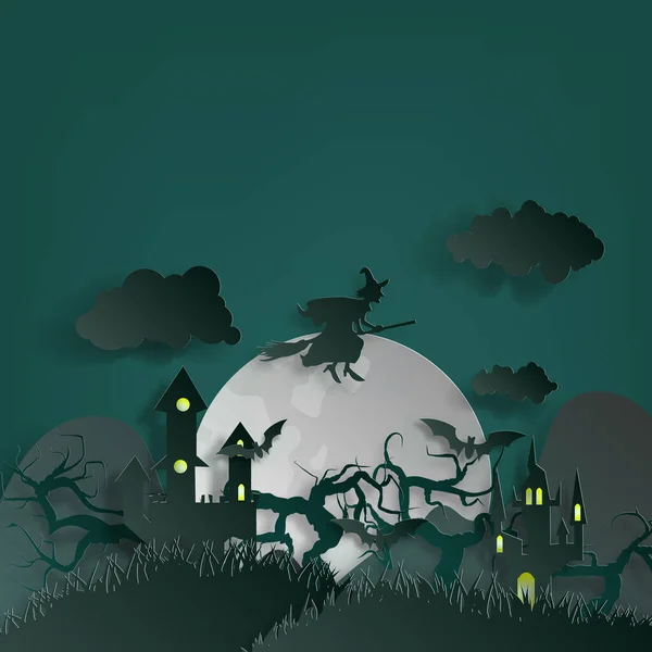 Vektor Papierschnitt Hintergrund Illustration Von Lagerfeuerkunst Mit Dekorationen Halloween Grafikdesign — Stockvektor
