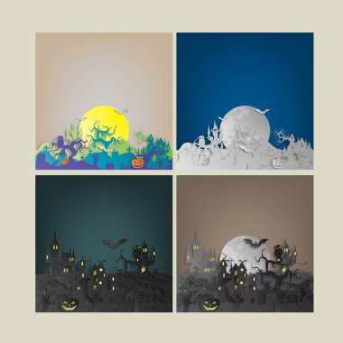 Vektör kağıdını arka planda kes. Cadılar Bayramı 'nda dekorasyonlu şenlik ateşi resimlerini hazırla. Cadılar Bayramı için grafiksel tasarım. Cadılar Bayramı 'nda kutlama kartı.. 