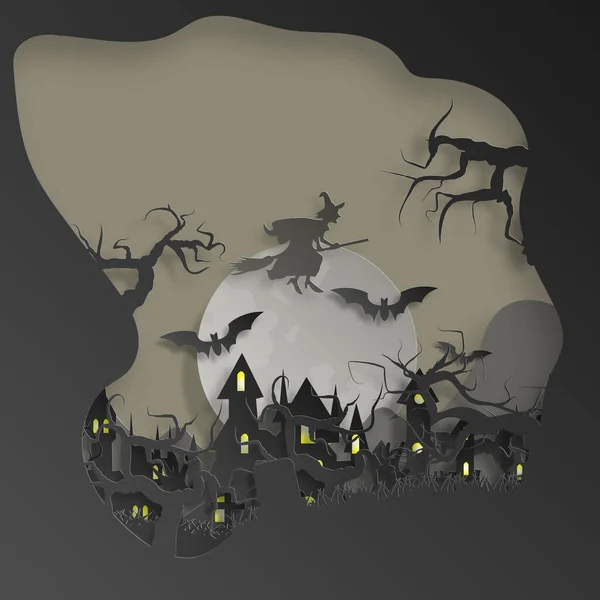 Fondo Corte Papel Vectorial Ilustración Arte Hoguera Con Decoraciones Halloween — Archivo Imágenes Vectoriales