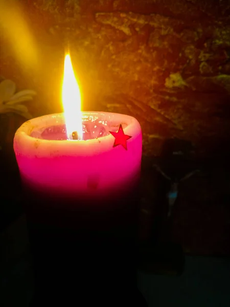 Lightening Candle Fire Decorating Star Its Body Candle Has Pink — Stock Photo, Image