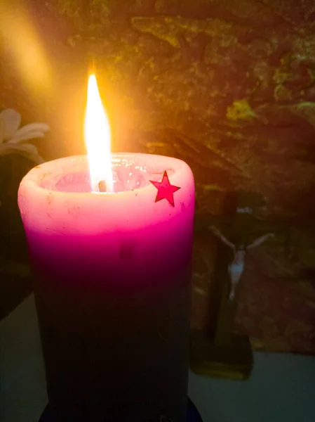 Lightening Candle Fire Decorating Star Its Body Candle Has Pink — Stock Photo, Image