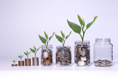 Beyaz arkaplana sürahi bardağa bozuk para koyarak tasarruf etmek