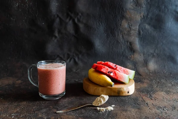 protein shake on the basis of watermelon and banana with the addition of protein, healthy Breakfast smoothies for weight loss, vegetarian recipe, eating right