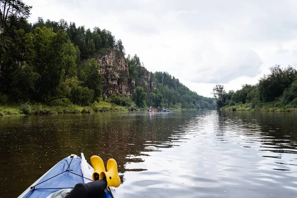 Nose Inflatable Boat Background River Cloudy Weather Hike Kayaking River — Stock Photo, Image