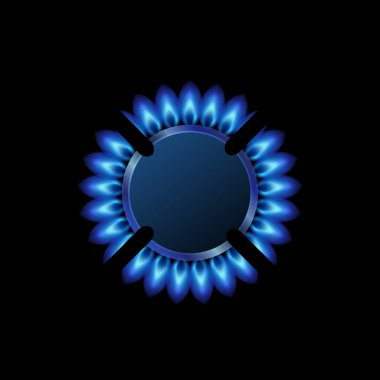 Mavi alevli, siyah çelik ızgaralı modern gaz ocağı. Üst manzara mutfak gaz ocağı halkası. Siyah arkaplanda izole edilmiş web iç tasarımı için gerçekçi yakıcı propan bütan fırın ögesi.