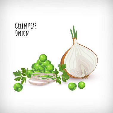 Yarım soğan, yeşil bezelye, soğan halkaları ve beyaz arka planda maydanoz yaprağı. Sebzeli organik biyolojik tarım ürünleri. Yeşil Bezelye, Soğan. Elle çizilmiş görüntü. Vektör illüstrasyonu.