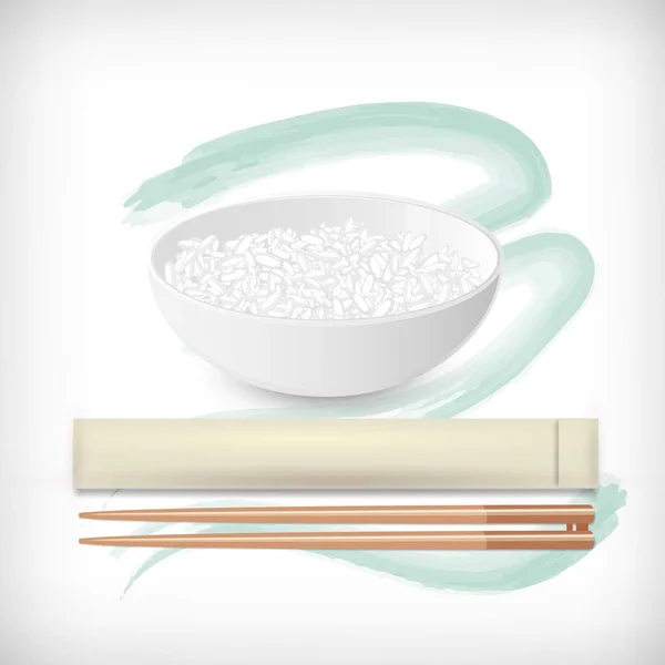 Tazón Cerámica Con Arroz Blanco Palillos Madera Ingrediente Sushi Japonés — Vector de stock