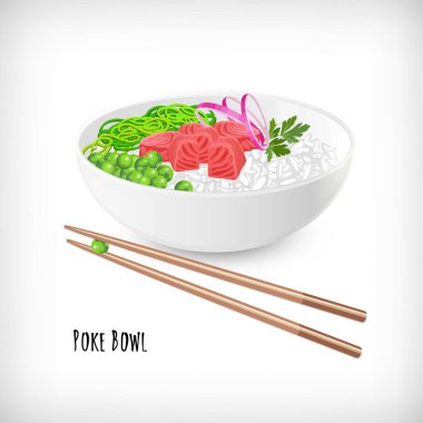 Ton balığı küplü, pilav, soğan halkaları, yeşil bezelye, yosun, maydanoz, beyaz arka planda ahşap yemek çubukları. Havai yemekleri trendi. Harfli Poke Bowl. Vektör illüstrasyonu.