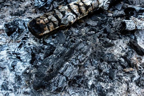Yakın çekimde söndürülen bir şöminede yanmış ahşap ve kül