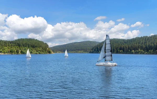 Lake with sailing boats amidst forests, taken at the Schluchsee in the Black Forest, Germany