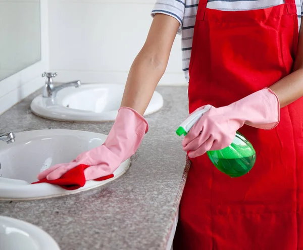 Woman Disinfects Surface Bathroom Viruses — Stock Photo, Image