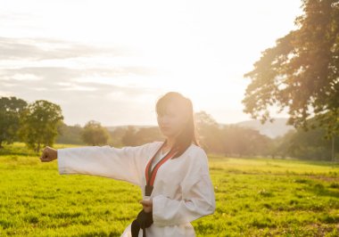 Kadın tekvando antrenmanı günbatımı. Fotoğraflar arka planda.